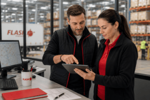 AI freight dispatch - logistics professionals tablet warehouse collaboration